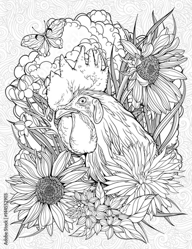 coloring page with rooster and butterfly