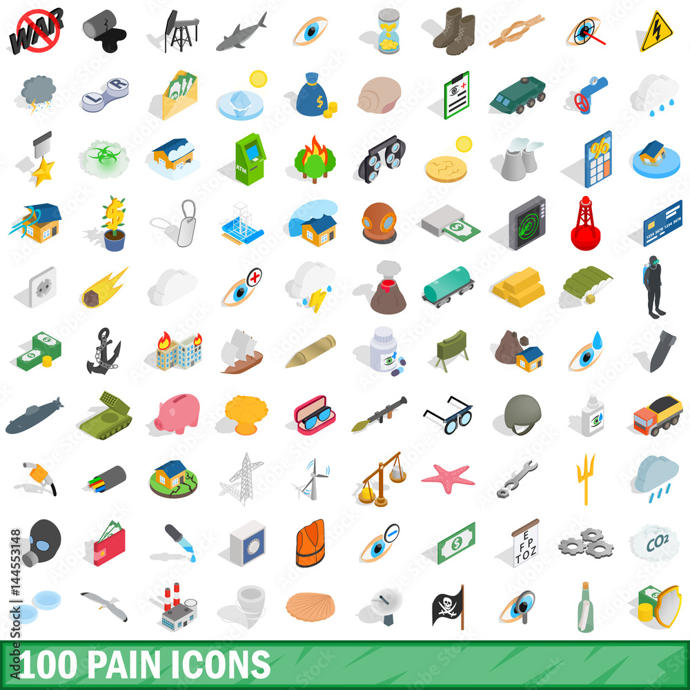 100 pain icons set, isometric 3d style 100 pain icons set, isometric 3d style