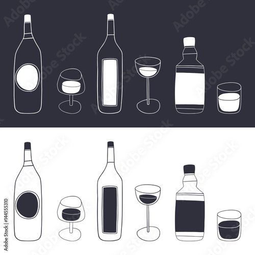 Vector doodle alcohol drinks set. Cartoon bottles and glasses