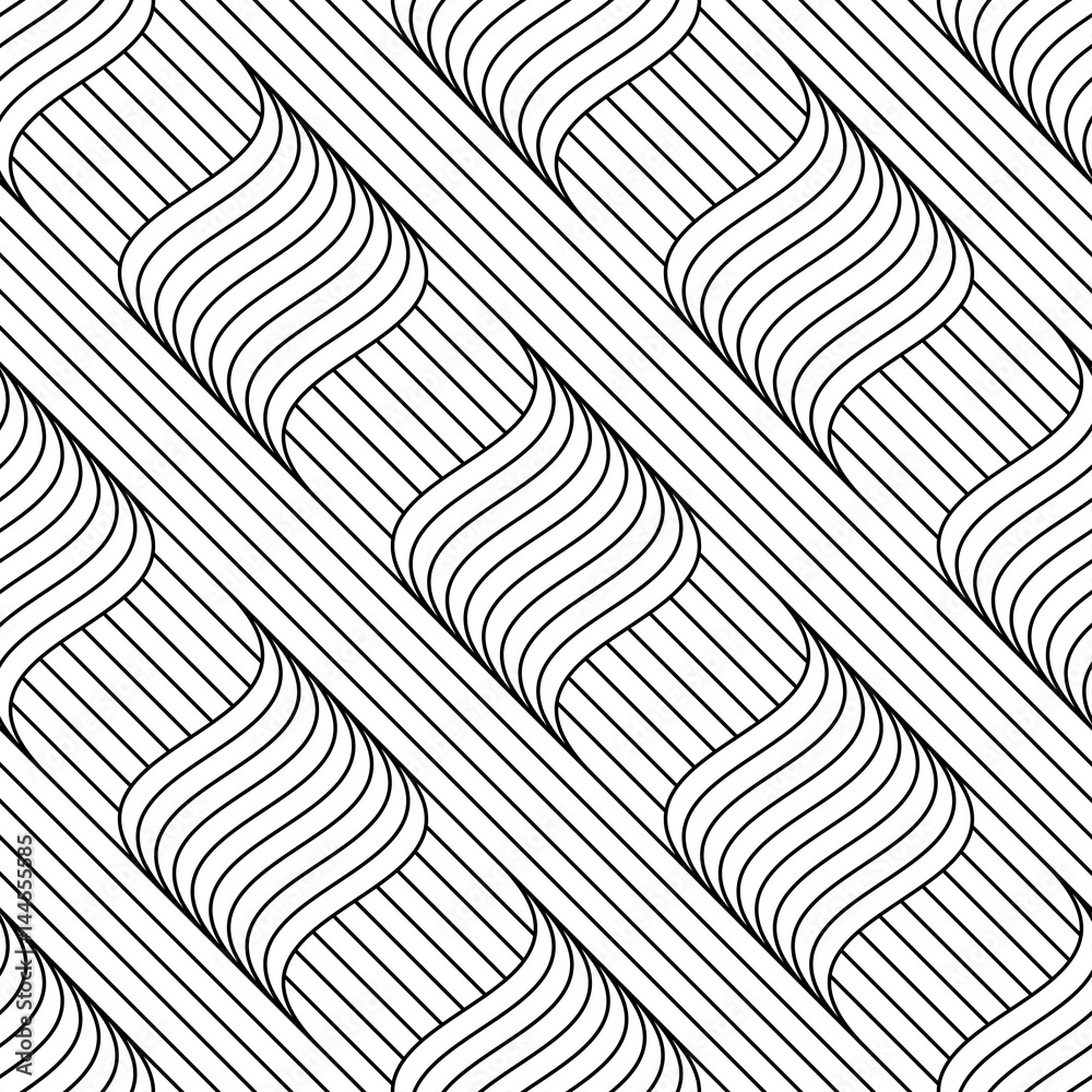 Vector seamless pattern. Modern stylish texture. Monochrome geometric pattern. Curved lines against the background of diagonal strips.