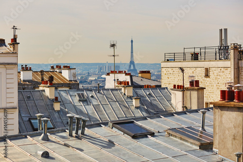 View of Parisian roofs and Eiffel tower from Montmarte, Paris, France