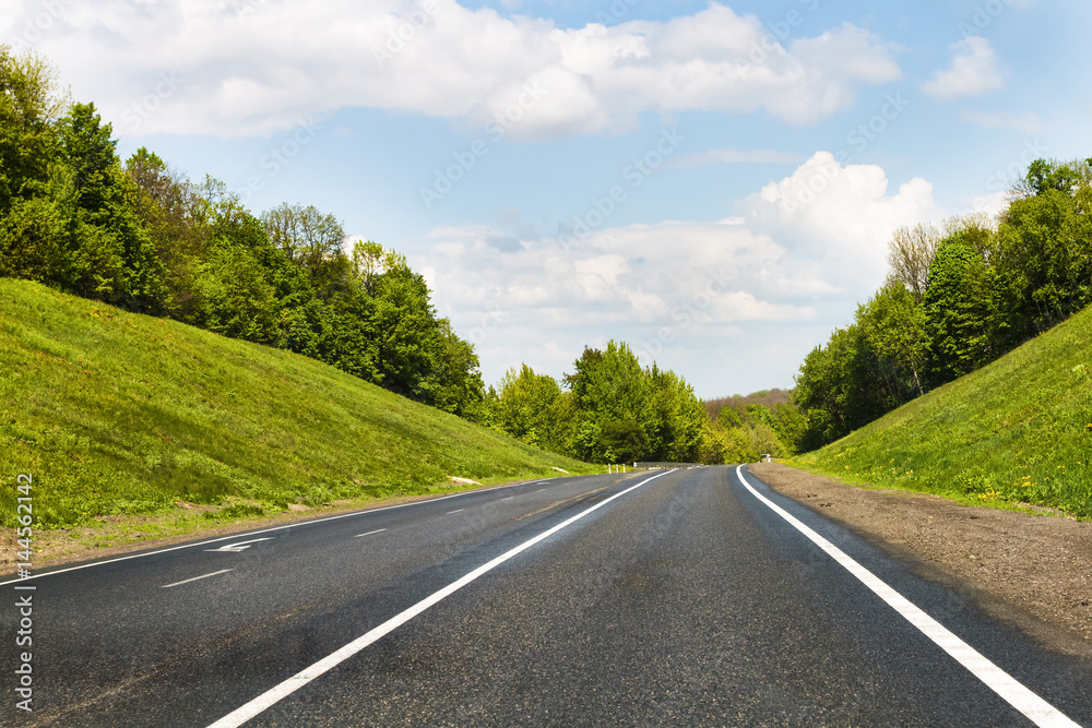 Empty road, forest and sky.