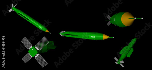 3D rendering of different views of Massive Ordnance Air Blast - MOAB - Bomb on black background