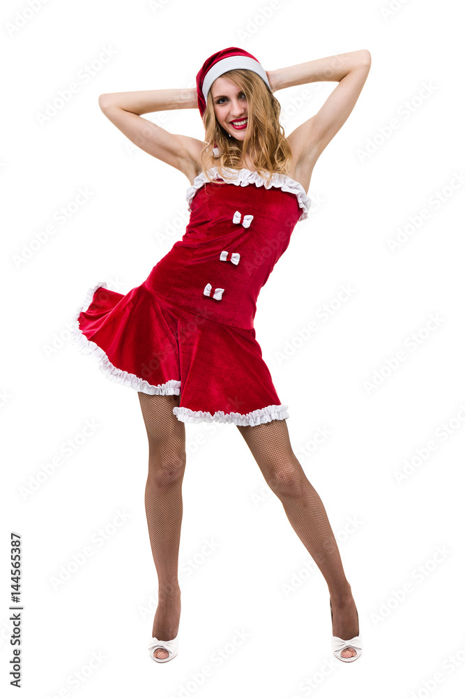 Young woman wearing santa claus clothes posing against isolated white Young woman wearing santa claus clothes posing against isolated white