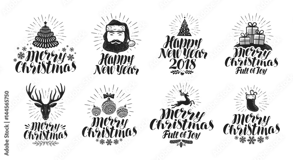 Merry Christmas and Happy New Year, label set. Xmas, holiday icons or logos. Lettering vector illustration
