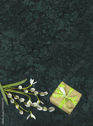 Snowdrop flowers, willow branches and giftbox on Verde Guatemala marble surface