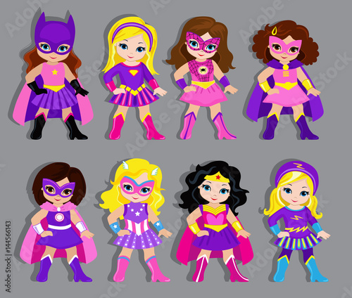 Group of beautiful girls dressed in suits of superheroes. Vector illustration isolated on gray background.