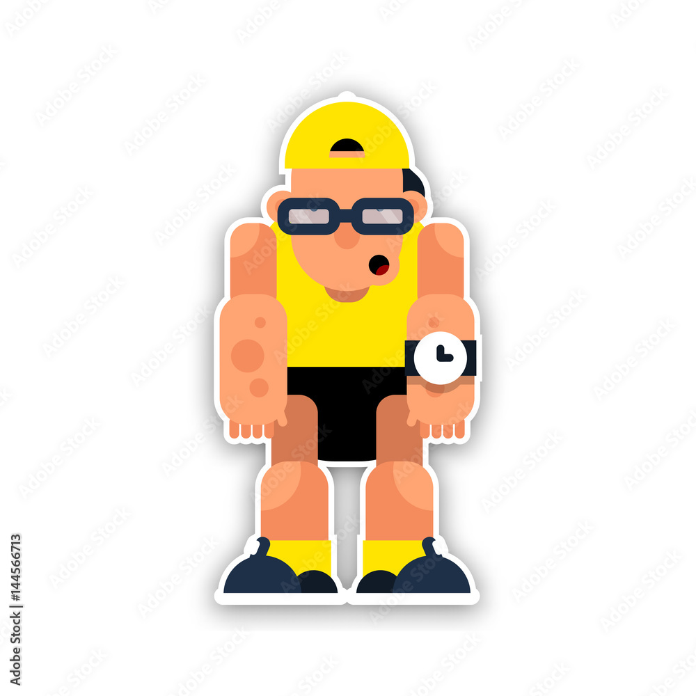 Cartoon funny athlete in the hat and sunglasses. Vector illustration isolated on white background.
