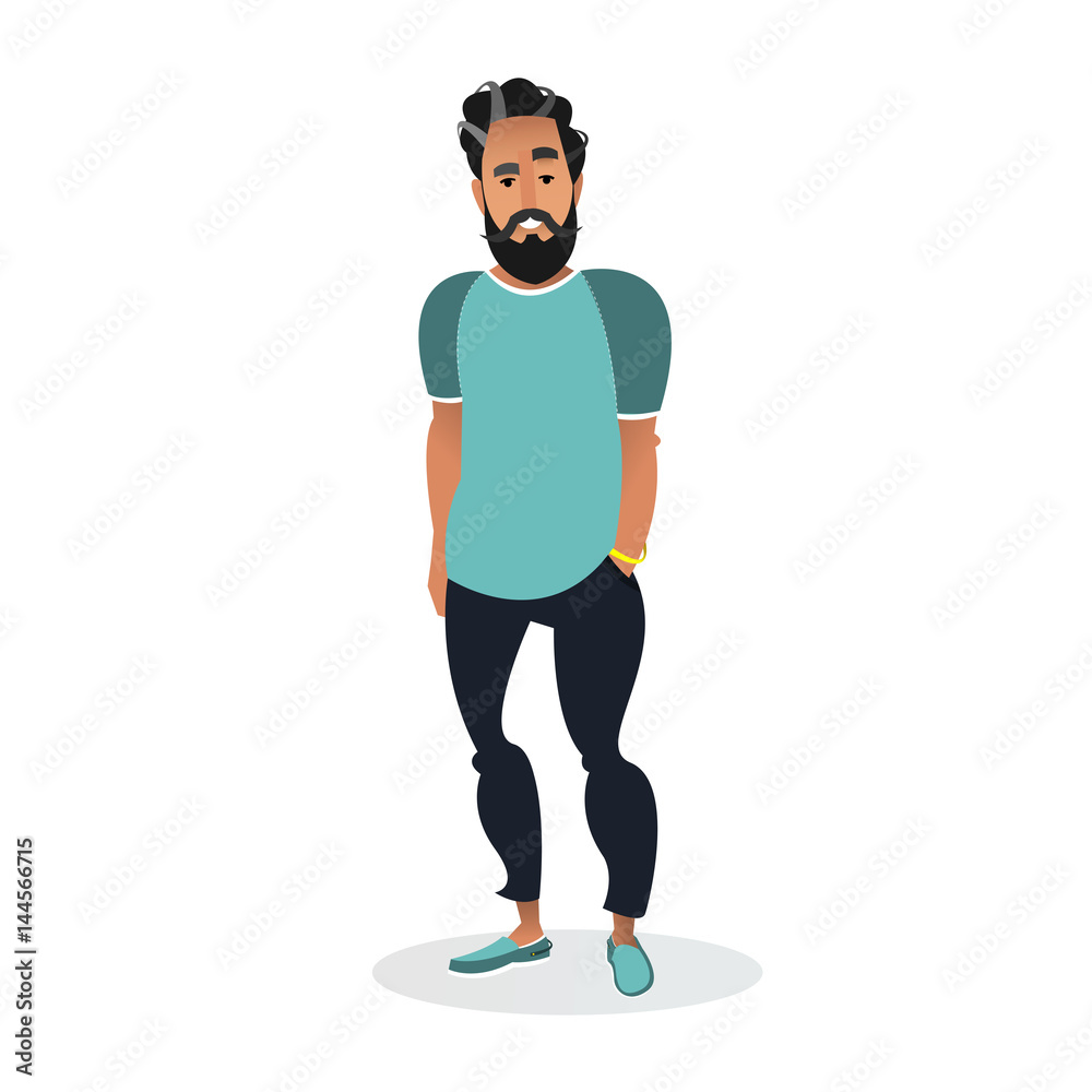 Young cartoon guy with beard and mustache on white background. Vector  illustration. Stock Vector | Adobe Stock