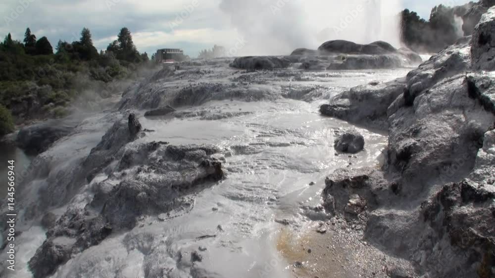 Geysers hot springs on background of forest and sky horizon in New Zealand. Beautiful amazing nature. Travel and tourism in the world of wildlife. Geysers hot springs on background of forest and sky horizon in New Zealand. Beautiful amazing nature. Travel and tourism in the world of wildlife.
