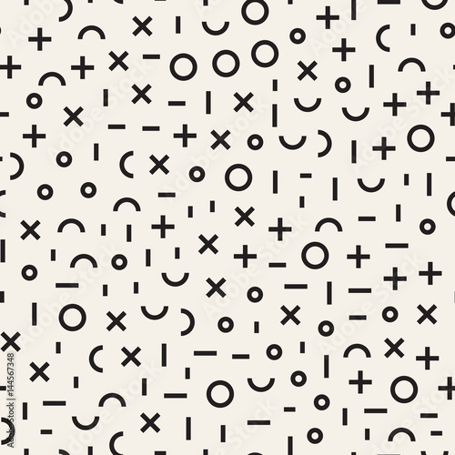 Retro geometric line shapes seamless patterns. Abstract jumble textures. Black and white scattered shapes