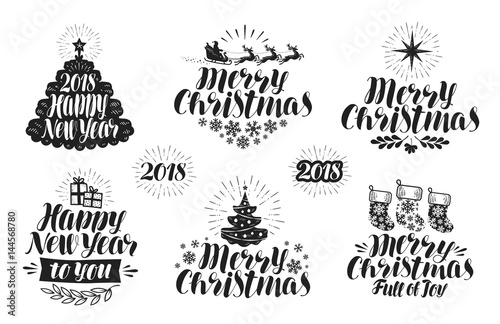 Merry Christmas and Happy New Year, label set. Xmas, holiday icon or logo. Lettering, typographic design vector