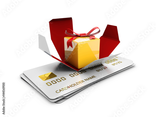 A Gift Box on the credit cards, Special Discount template. 3d Illustration photo