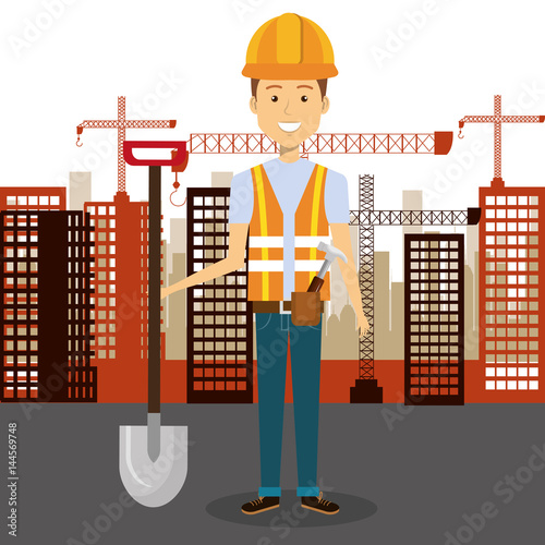 professional construction man character with cityscape background vector illustration design