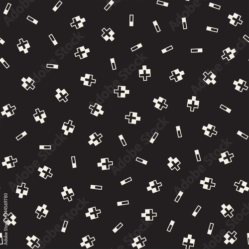 Seamless primitive jumble minimalism patterns. Randomly scattered geometric shapes. Abstract retro backgroun