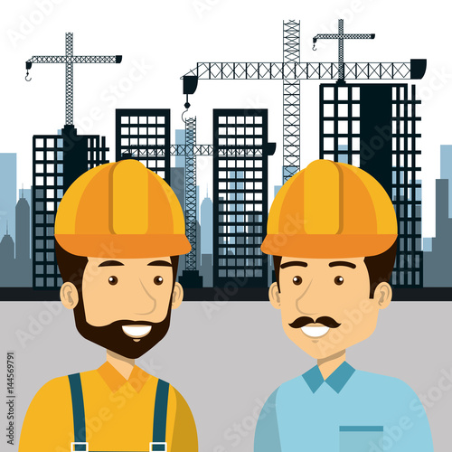professional construction people characters with cityscape background vector illustration design