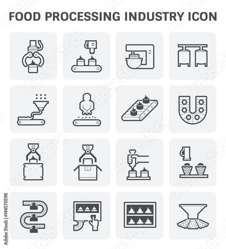 Food processing industry and production line inside factory vector icon.