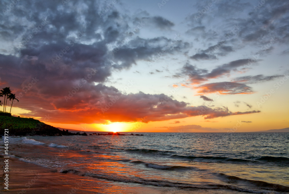 Beautiful and deep sunset at Wailea Beach in Wailea Maui Hawaii