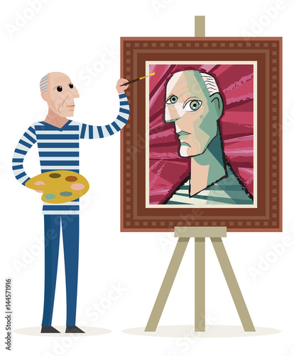 bald old man painting a cubist cubism portrait