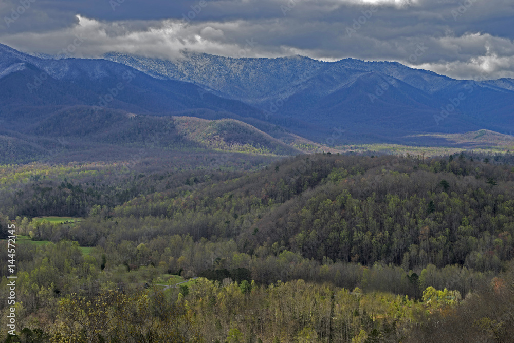 Snow capped mountains and green valleys in the Smokies.