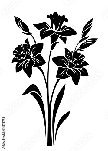 Vector black silhouette of bouquet of narcissus flowers isolated on a white background.