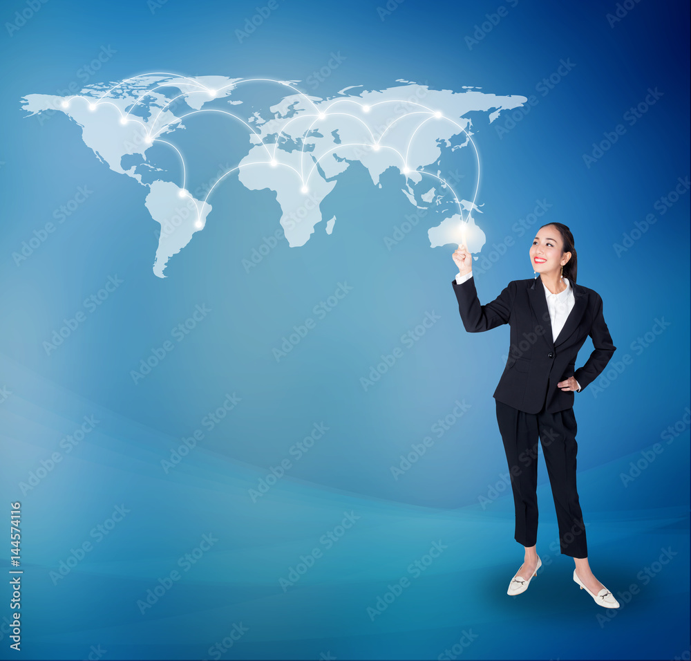 Businesswoman pointing with digital network line and circles, business technology concept, Elements of this image furnished by NASA Businesswoman pointing with digital network line and circles, business technology concept, Elements of this image furnished by NASA