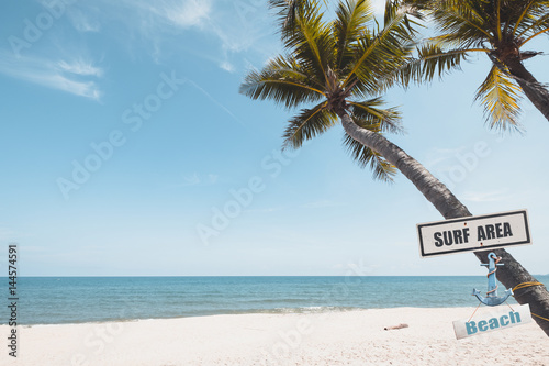 Fototapeta Naklejka Na Ścianę i Meble -  Landscape of coconut palm tree on tropical beach in summer. Vintage surf area and Beach sign with plam tree. vintage color tone