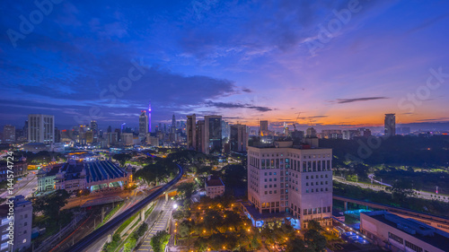 Aerial view of beautiful sunrise blue hour at Kuala Lumpur city skyline