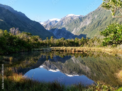 Small pond with reflection of mountain glacier