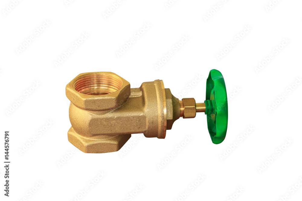 brass valve with green knob stale in a factory plumber  isolated on white background and clipping path