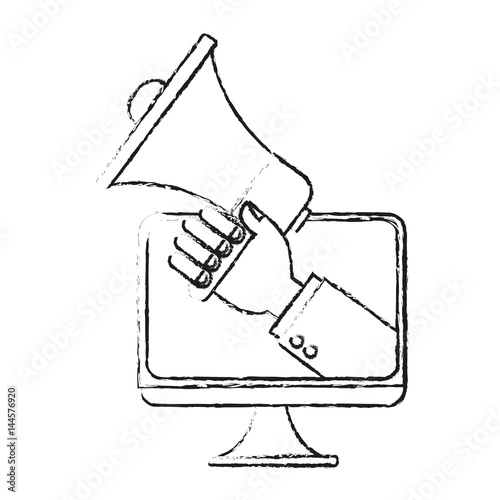 computer and loudspeaker or megaphone icon image vector illustration design 