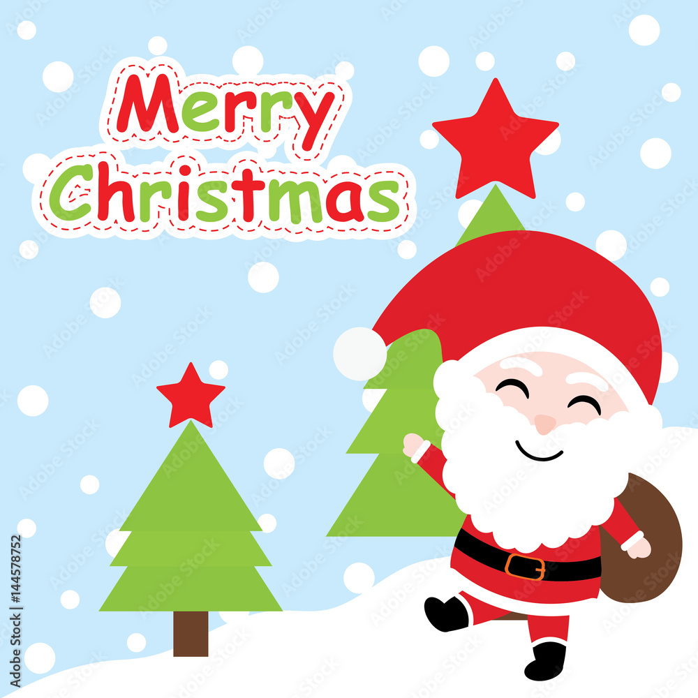 Xmas card with cute Santa Claus vector cartoon on Xmas tree background, Xmas  postcard, wallpaper, and greeting card, vector illustration Stock Vector |  Adobe Stock