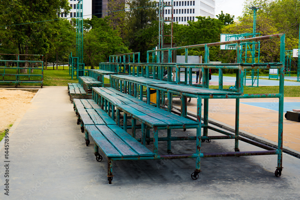 Wooden bleachers in sports field