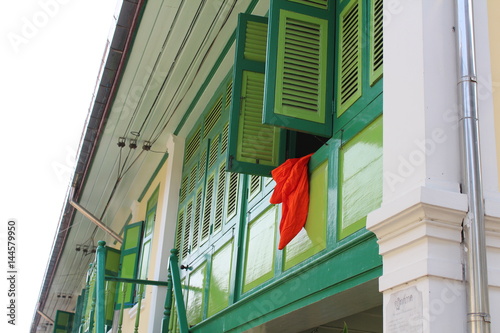 Monastery Monastic Dorm Dormitory Burma Myanmar Burmese Thailand Southeast Asia Asian Green Shutter Shutters Orange Robe Robes Tropical Tropic Buddhism Buddhist Buddha 