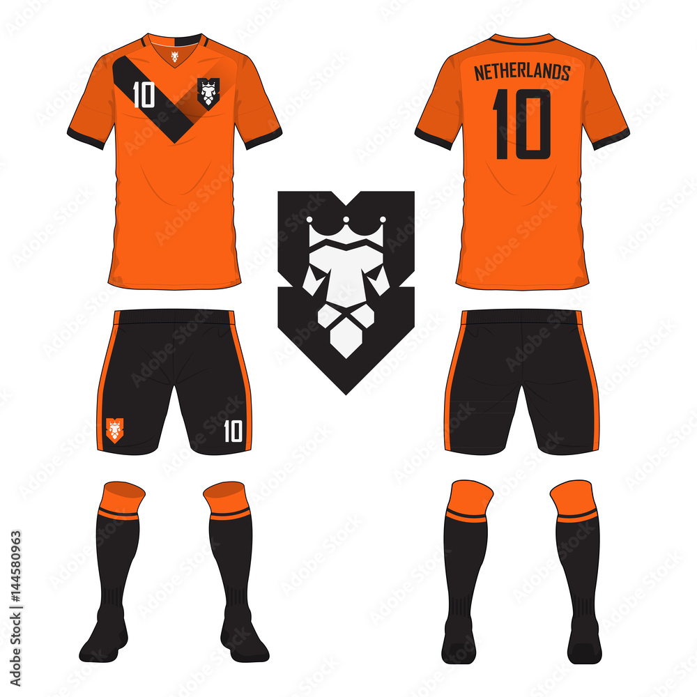 Set of soccer jersey or football kit template for Netherlands national  football team. Front and back view soccer uniform. Sport shirt mock up.  Stock Vector | Adobe Stock