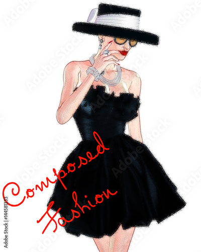 Paris fashion sketch,attractive woman in vintage style black dress and hat in our 3d render digital art style.
