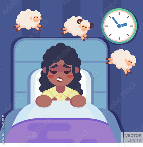 Vector flat illustration - Cute woman in her bed at night counting sheep, fighting insomnia
