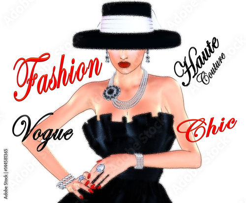 Obraz na plátně Paris Fashion sketch,attractive woman in vintage style black dress and hat in our 3d render digital art style