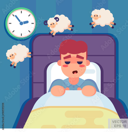 Vector flat illustration - Cute man in her bed at night counting sheep, fighting insomnia