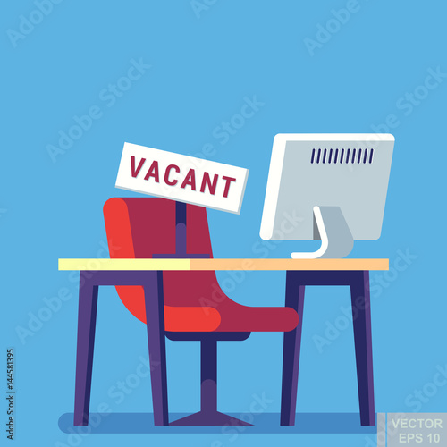 Composition with office chair Computer table and a sign vacant. Business hiring and recruiting concept. Vector illustration.