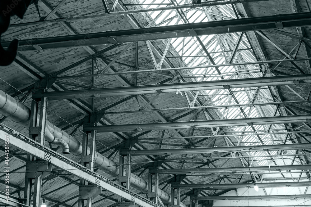 structure steel frame of industrial roof with skylights