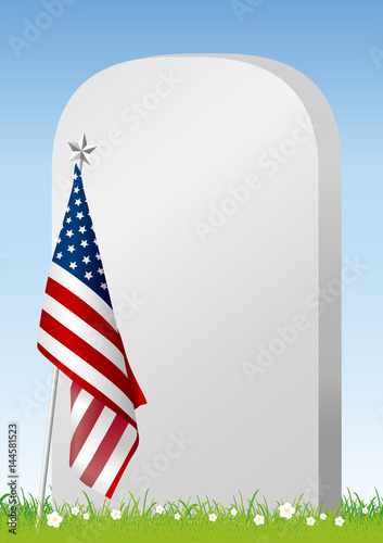 Vector Memorial day concept of American flag and gravestone on green grass
