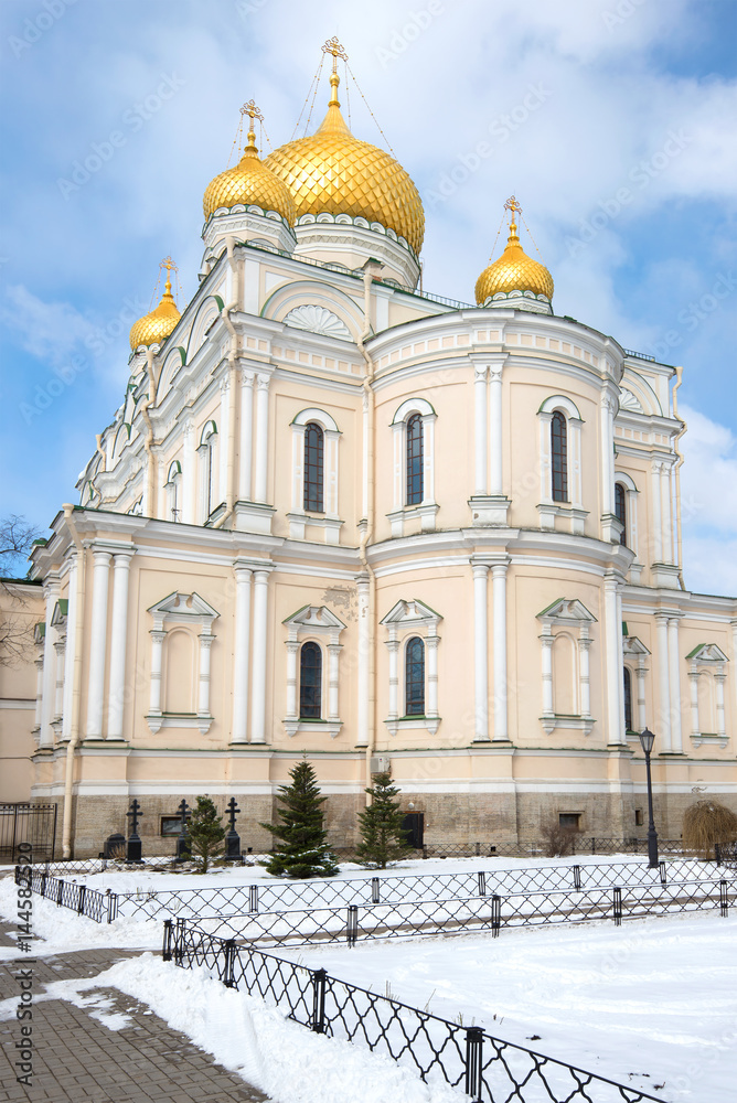 The Resurrection Cathedral in the Resurrection Novodevichy Convent on a sunny April day. Saint-Petersburg, Russia