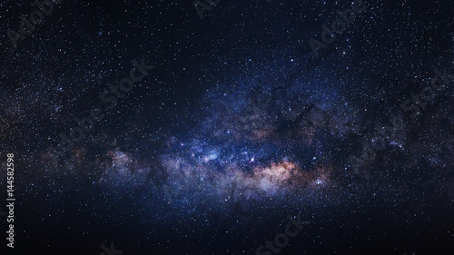 Panorama Milky way galaxy with stars and space dust in the universe, Long exposure photograph, with grain. © sripfoto