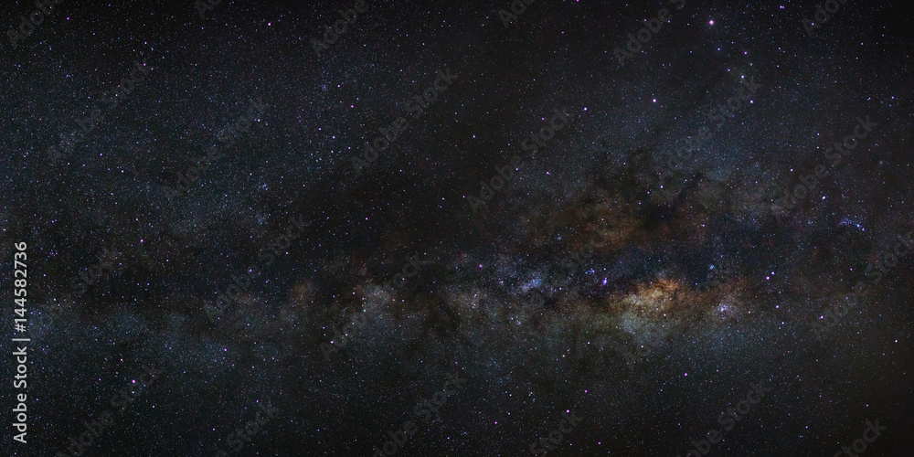 Fototapeta premium Panorama Milky way galaxy with stars and space dust in the universe, Long exposure photograph, with grain.