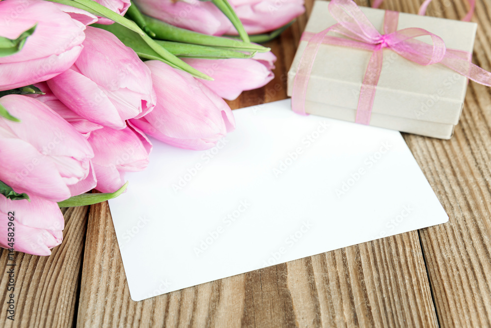 Flowers, greeting card and gift box Flowers, greeting card and gift box