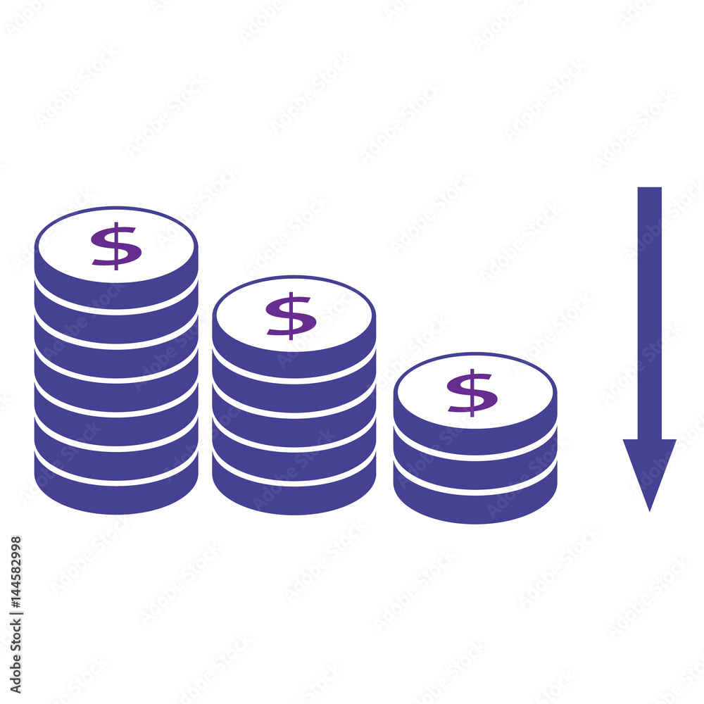 Decreasing piles of coins with going down graph. Concept for financial fall. Vector eps10. Decreasing piles of coins with going down graph. Concept for financial fall. Vector eps10.