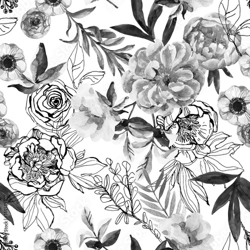 Watercolor and ink doodle flowers, leaves, weeds seamless pattern.