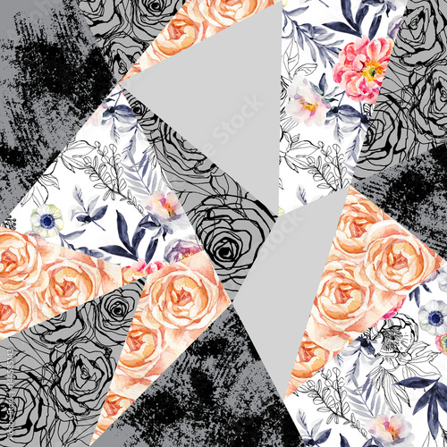 Watercolor and ink doodle flowers, leaves, weeds abstract background.