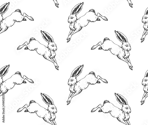seamless pattern with hand drawn jumping hunting hare. forest and vintage theme